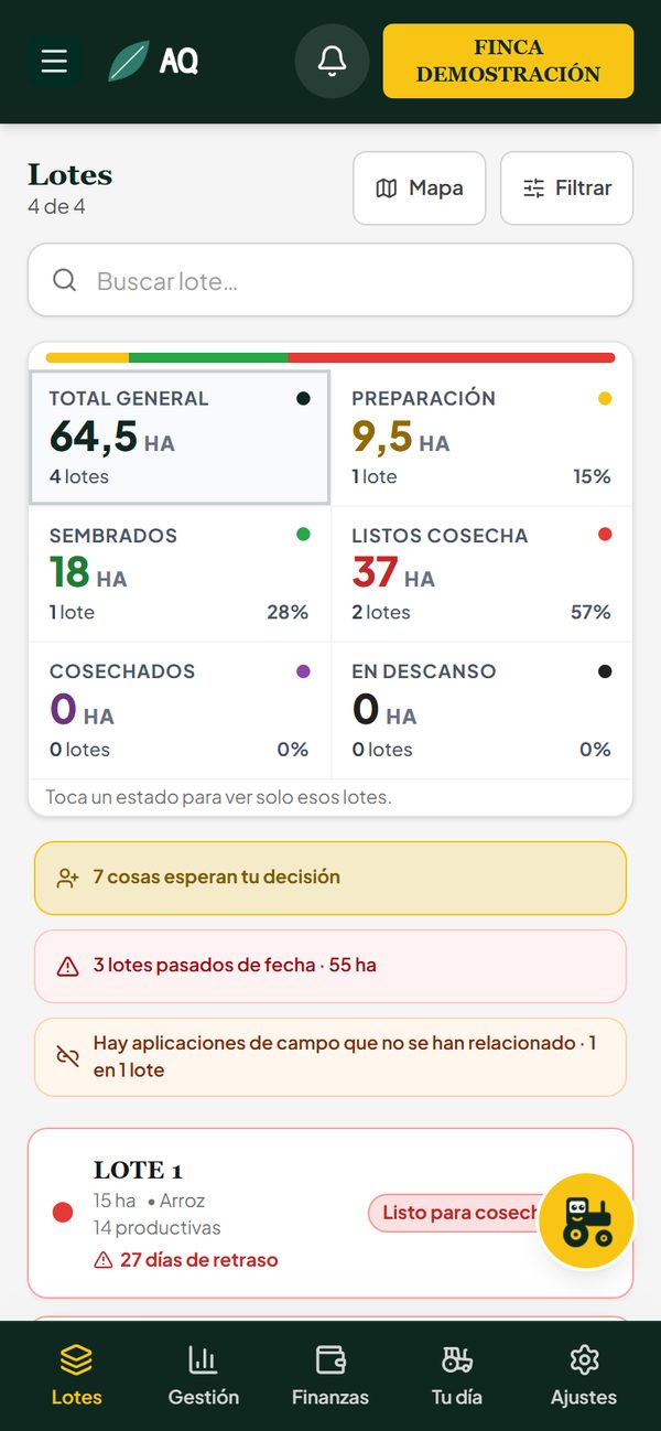 Inicio del administrador en el celular: hectáreas por estado, siete cosas que esperan su decisión, tres lotes pasados de fecha y la lista de lotes