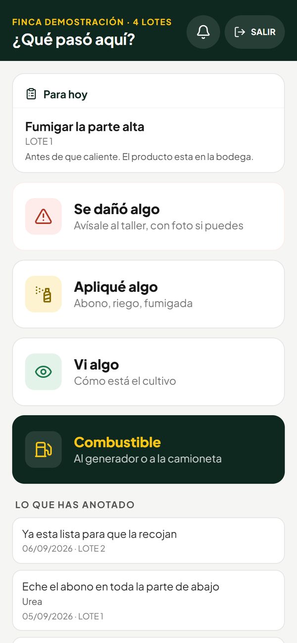 Pantalla del operador de dron en el celular: la tarea de hoy y los botones Se dañó algo, Apliqué algo, Vi algo y Combustible