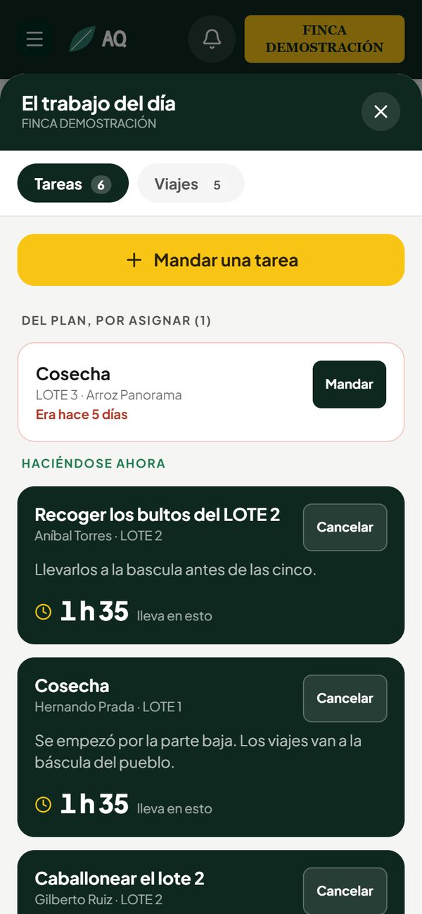 El trabajo del día del jefe de campo en el celular: el botón Mandar una tarea, la labor del plan por asignar y las tareas que se están haciendo, con el tiempo que llevan