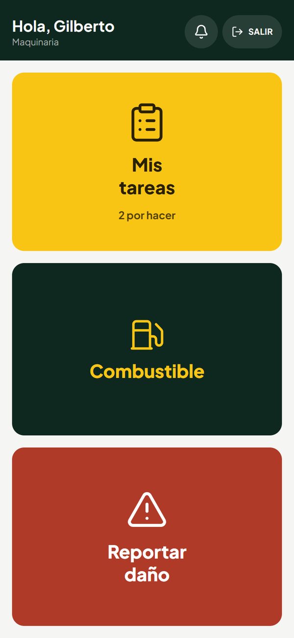 Pantalla del operario de maquinaria en el celular: tres botones grandes, Mis tareas, Combustible y Reportar daño