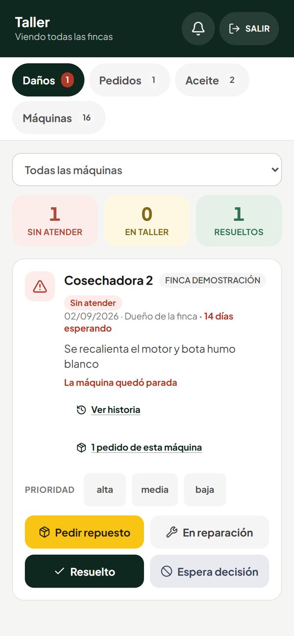 Pantalla del taller en el celular: un daño de una cosechadora que quedó parada, con su prioridad y el botón Pedir repuesto