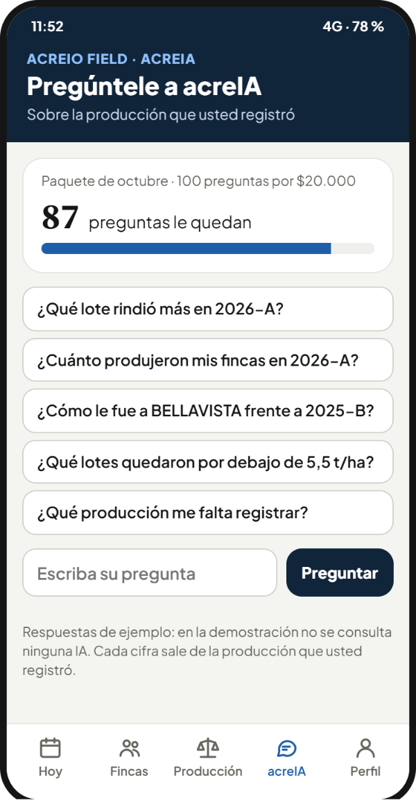 acreIA en acreio field: preguntas de ejemplo sobre la producción registrada