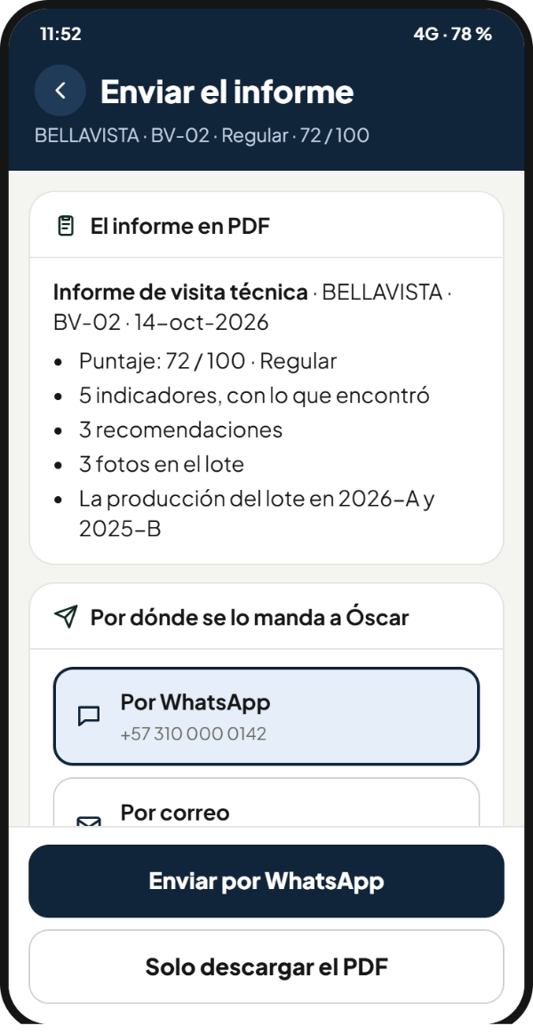 El informe de la visita en PDF, por WhatsApp o por correo, para la finca que no tiene la app
