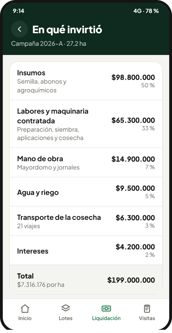 En qué invirtió: insumos, labores, mano de obra, agua, transporte e intereses