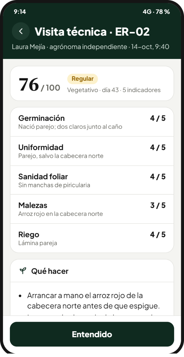 La visita técnica en el celular de la finca: el lote ER-02, el cultivo en 76 de 100 y los indicadores de la etapa con lo que encontró la agrónoma